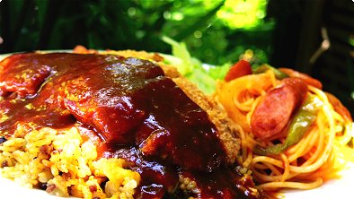 Pork Cutlets, Fried Rice & Fried Spaghetti with Ketchup on One Plate