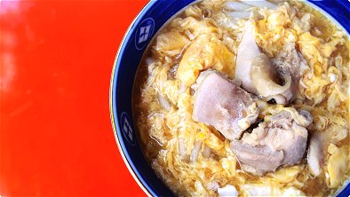 Thick White Noodles with Chicken & Creamy Egg Soy Sauce Soup